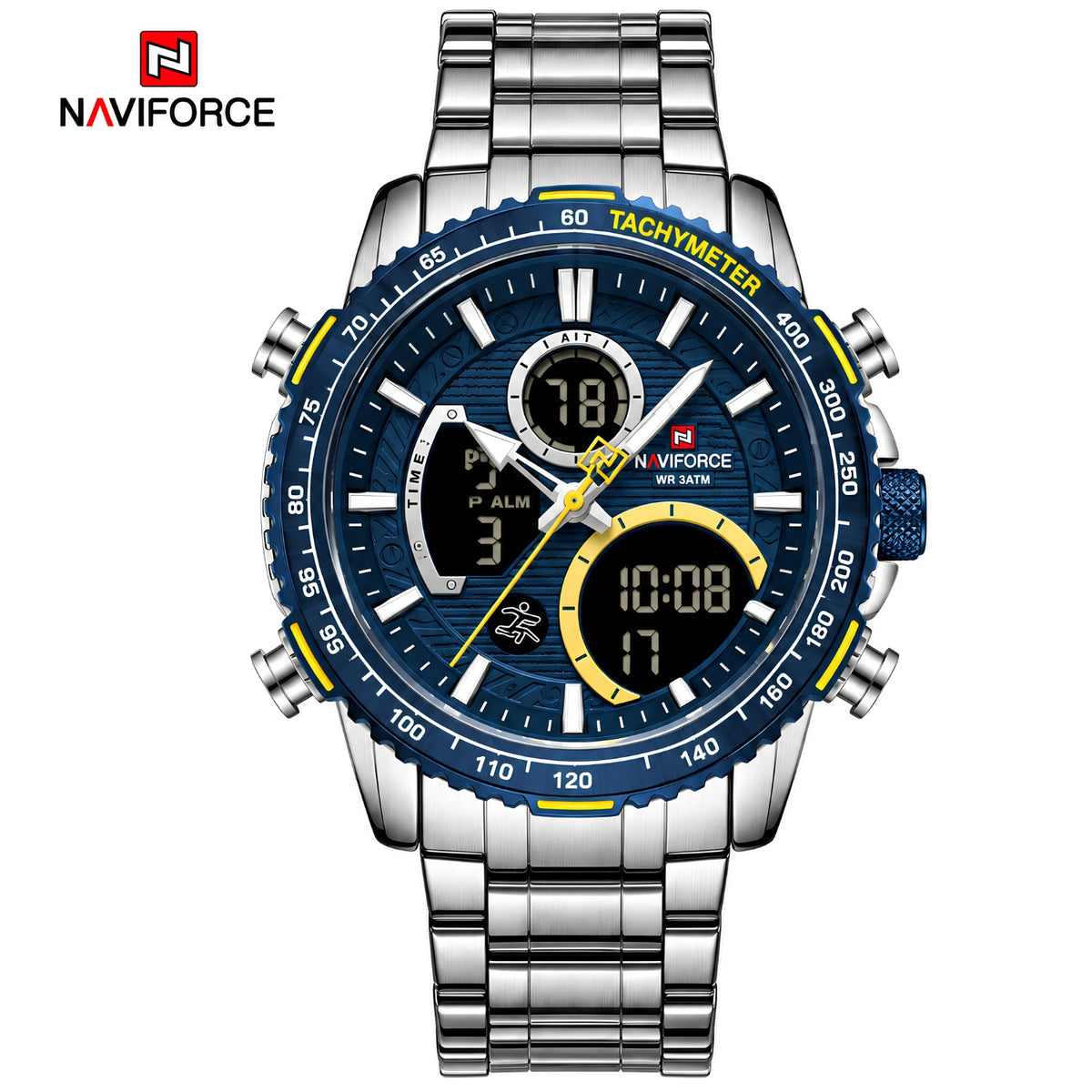 Naviforce Reloj Analógico y Digital Plateado con Esfera Azul y Correa de Acero Inoxidable, Diámetro de 45.5 mm y Resistencia al Agua 3 ATM.