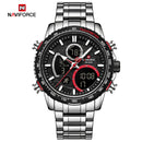Naviforce Reloj Analógico y Digital Plateado con Esfera Negra y Correa de Acero Inoxidable, Diámetro de 45.5 mm y Resistencia al Agua 3 ATM.