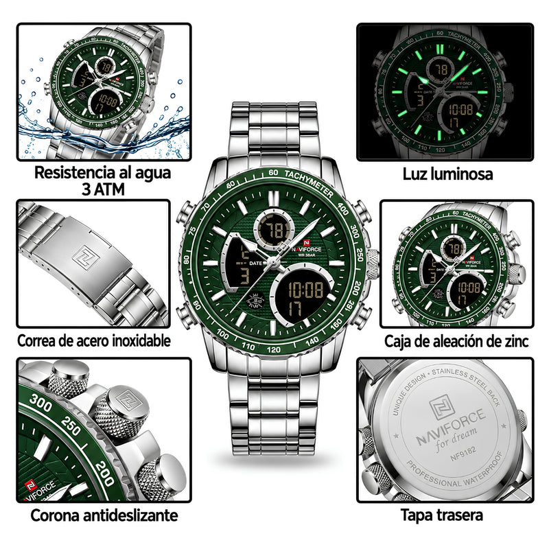 Naviforce Reloj Analógico y Digital Plateado con Esfera Verde y Correa de Acero Inoxidable, Diámetro de 45.5 mm y Resistencia al Agua 3 ATM.