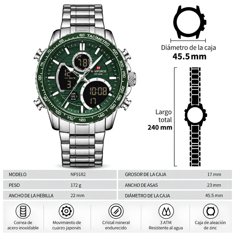 Naviforce Reloj Analógico y Digital Plateado con Esfera Verde y Correa de Acero Inoxidable, Diámetro de 45.5 mm y Resistencia al Agua 3 ATM.