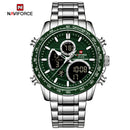 Naviforce Reloj Analógico y Digital Plateado con Esfera Verde y Correa de Acero Inoxidable, Diámetro de 45.5 mm y Resistencia al Agua 3 ATM.