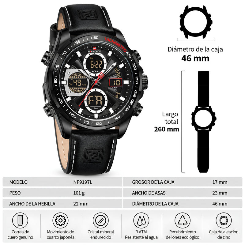 Naviforce Reloj Analógico y Digital Negro con Correa Negra de Cuero Genuino, Diámetro de 46 mm, Cristal Mineral Endurecido y Resistencia al Agua 3 ATM.