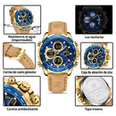 Naviforce Reloj Analógico y Digital Dorado con Esfera Azul y Correa Marrón Oscuro de Cuero Genuino, Diámetro de 46 mm, Cristal Mineral Endurecido y Resistencia al Agua 3 ATM.