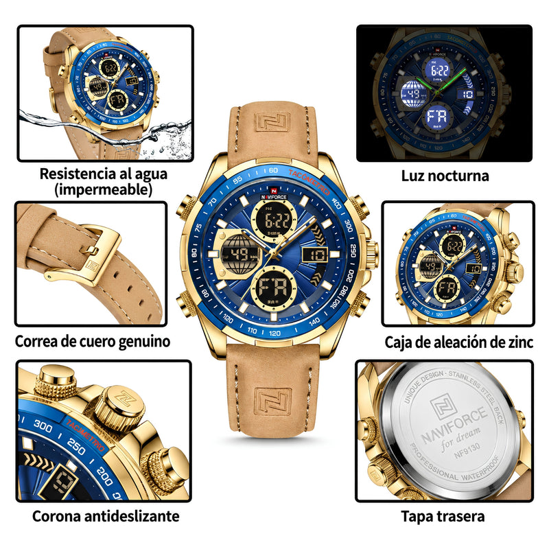 Naviforce Reloj Analógico y Digital Dorado con Esfera Azul y Correa Marrón Oscuro de Cuero Genuino, Diámetro de 46 mm, Cristal Mineral Endurecido y Resistencia al Agua 3 ATM.