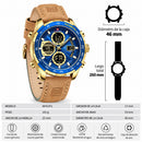 Naviforce Reloj Analógico y Digital Dorado con Esfera Azul y Correa Marrón Oscuro de Cuero Genuino, Diámetro de 46 mm, Cristal Mineral Endurecido y Resistencia al Agua 3 ATM.