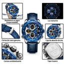 Naviforce Reloj Analógico y Digital Azul con Correa Azul de Cuero Genuino, Diámetro de 46 mm, Cristal Mineral Endurecido y Resistencia al Agua 3 ATM.