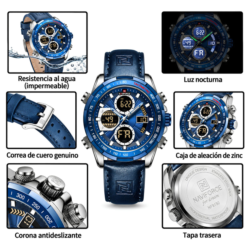 Naviforce Reloj Analógico y Digital Azul con Correa Azul de Cuero Genuino, Diámetro de 46 mm, Cristal Mineral Endurecido y Resistencia al Agua 3 ATM.