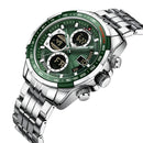 Naviforce Reloj Analógico y Digital Plateado con Esfera Verde y Correa de Acero Inoxidable, Diámetro de 46 mm, Cristal Mineral Endurecido y Resistencia al Agua 3 ATM.
