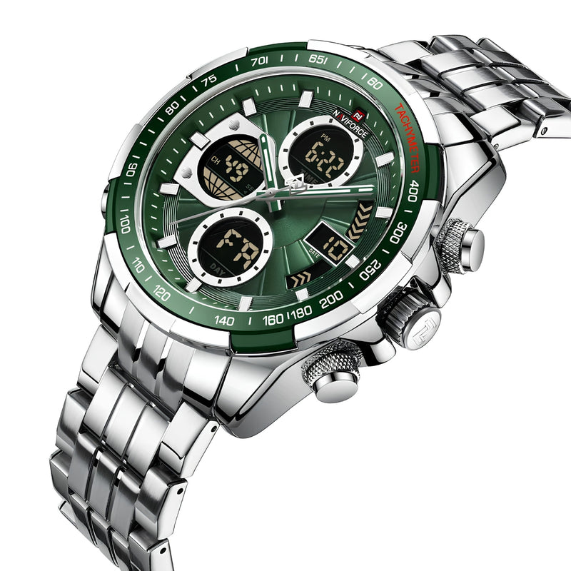 Naviforce Reloj Analógico y Digital Plateado con Esfera Verde y Correa de Acero Inoxidable, Diámetro de 46 mm, Cristal Mineral Endurecido y Resistencia al Agua 3 ATM.