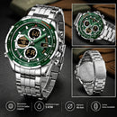 Naviforce Reloj Analógico y Digital Plateado con Esfera Verde y Correa de Acero Inoxidable, Diámetro de 46 mm, Cristal Mineral Endurecido y Resistencia al Agua 3 ATM.