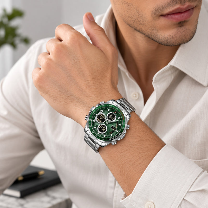 Naviforce Reloj Analógico y Digital Plateado con Esfera Verde y Correa de Acero Inoxidable, Diámetro de 46 mm, Cristal Mineral Endurecido y Resistencia al Agua 3 ATM.