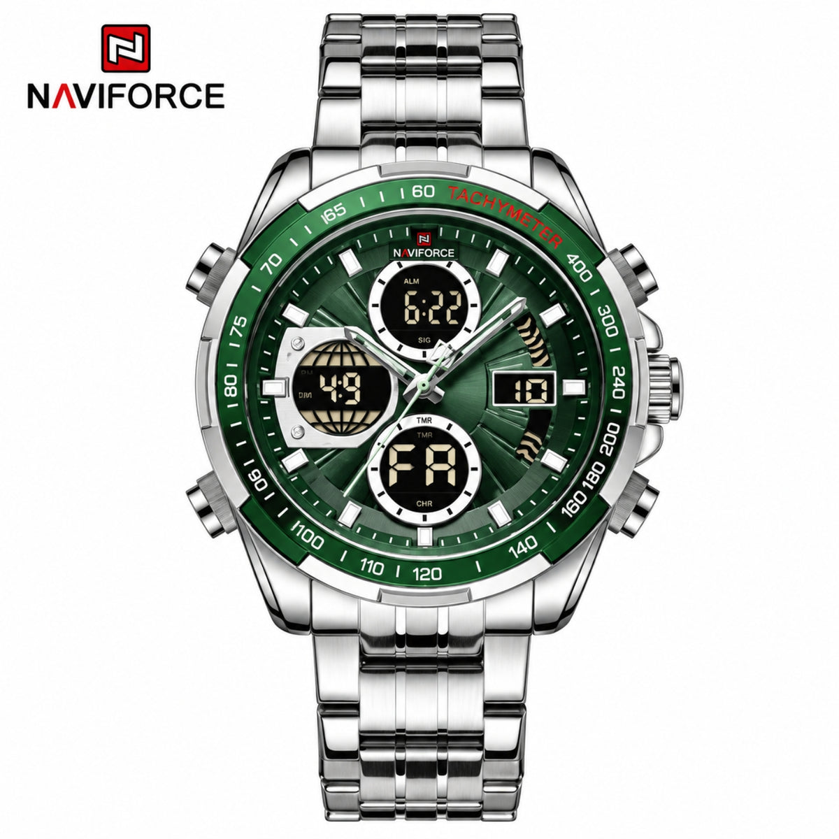 Naviforce Reloj Analógico y Digital Plateado con Esfera Verde y Correa de Acero Inoxidable, Diámetro de 46 mm, Cristal Mineral Endurecido y Resistencia al Agua 3 ATM.
