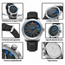 Naviforce Reloj Analógico Plateado con Esfera Negra y Detalles Azules, Correa Negra de Cuero PU, Diámetro de 46 mm, Cristal Mineral Endurecido y Resistencia al Agua 3 ATM.