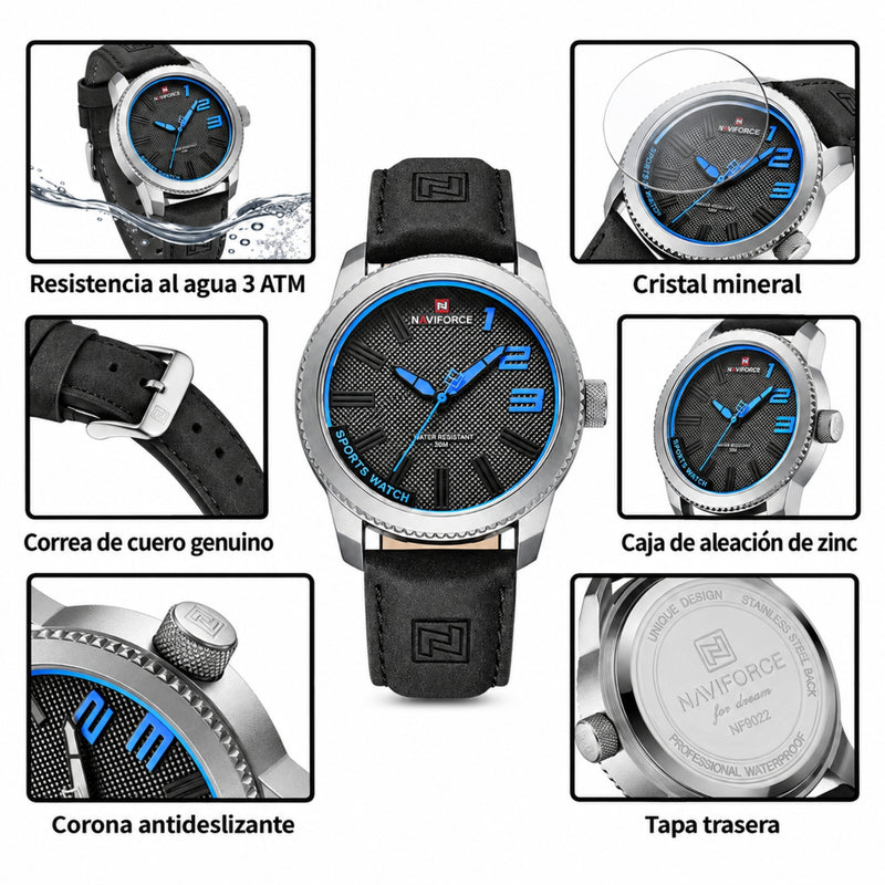 Naviforce Reloj Analógico Plateado con Esfera Negra y Detalles Azules, Correa Negra de Cuero PU, Diámetro de 46 mm, Cristal Mineral Endurecido y Resistencia al Agua 3 ATM.