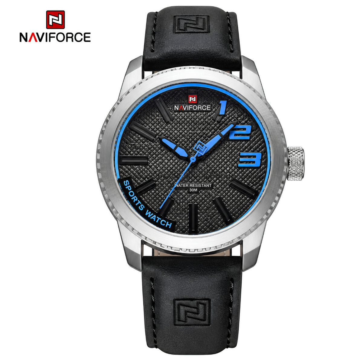 Naviforce Reloj Analógico Plateado con Esfera Negra y Detalles Azules, Correa Negra de Cuero PU, Diámetro de 46 mm, Cristal Mineral Endurecido y Resistencia al Agua 3 ATM.