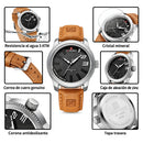 Naviforce Reloj Analógico Plateado con Esfera Negra y Correa Marrón Claro de Cuero PU, Diámetro de 46 mm, Cristal Mineral Endurecido y Resistencia al Agua 3 ATM.