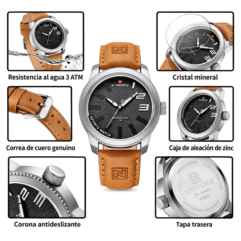 Naviforce Reloj Analógico Plateado con Esfera Negra y Correa Marrón Claro de Cuero PU, Diámetro de 46 mm, Cristal Mineral Endurecido y Resistencia al Agua 3 ATM.