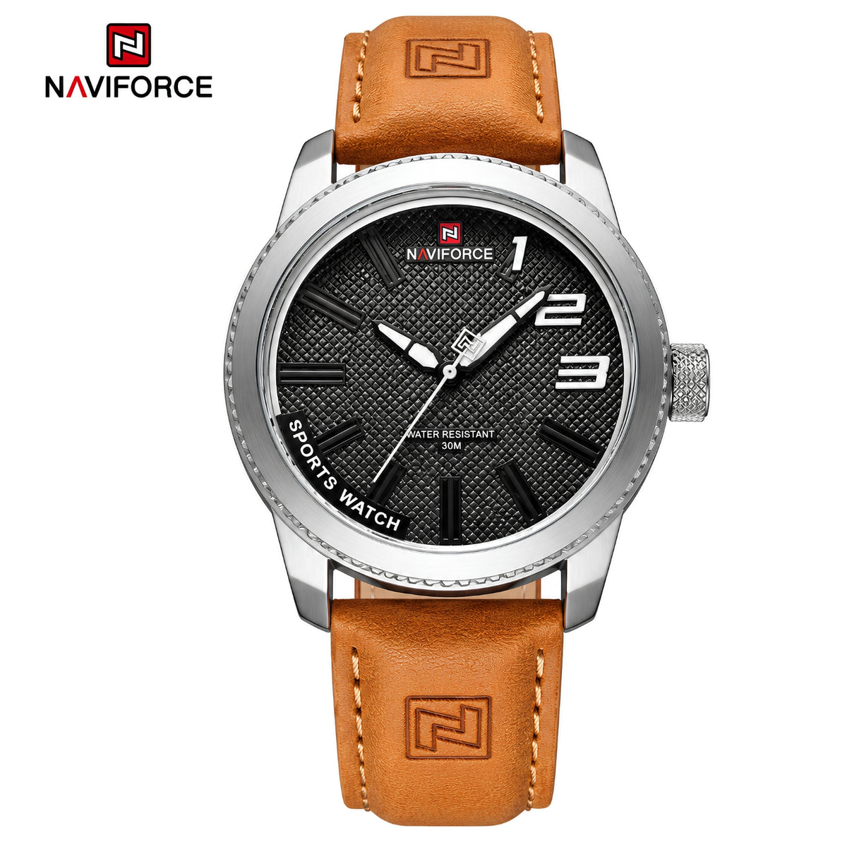 Naviforce Reloj Analógico Plateado con Esfera Negra y Correa Marrón Claro de Cuero PU, Diámetro de 46 mm, Cristal Mineral Endurecido y Resistencia al Agua 3 ATM.