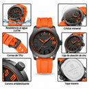 Naviforce Reloj Analógico Negro con Detalles y Correa Naranja de TPU, Diámetro de 46 mm, Cristal Mineral Endurecido y Resistencia al Agua 3 ATM.