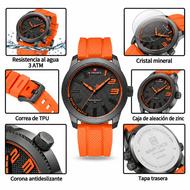 Naviforce Reloj Analógico Negro con Detalles y Correa Naranja de TPU, Diámetro de 46 mm, Cristal Mineral Endurecido y Resistencia al Agua 3 ATM.