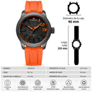Naviforce Reloj Analógico Negro con Detalles y Correa Naranja de TPU, Diámetro de 46 mm, Cristal Mineral Endurecido y Resistencia al Agua 3 ATM.