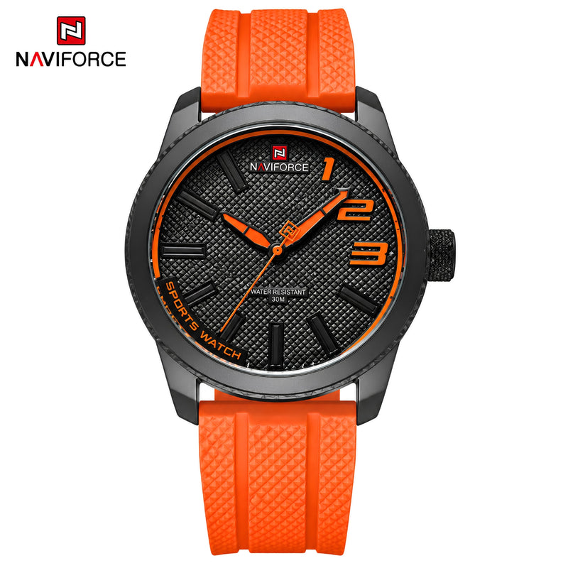 Naviforce Reloj Analógico Negro con Detalles y Correa Naranja de TPU, Diámetro de 46 mm, Cristal Mineral Endurecido y Resistencia al Agua 3 ATM.