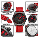 Naviforce Reloj Analógico Negro con Detalles y Correa Roja de TPU, Diámetro de 46 mm, Cristal Mineral Endurecido y Resistencia al Agua 3 ATM.