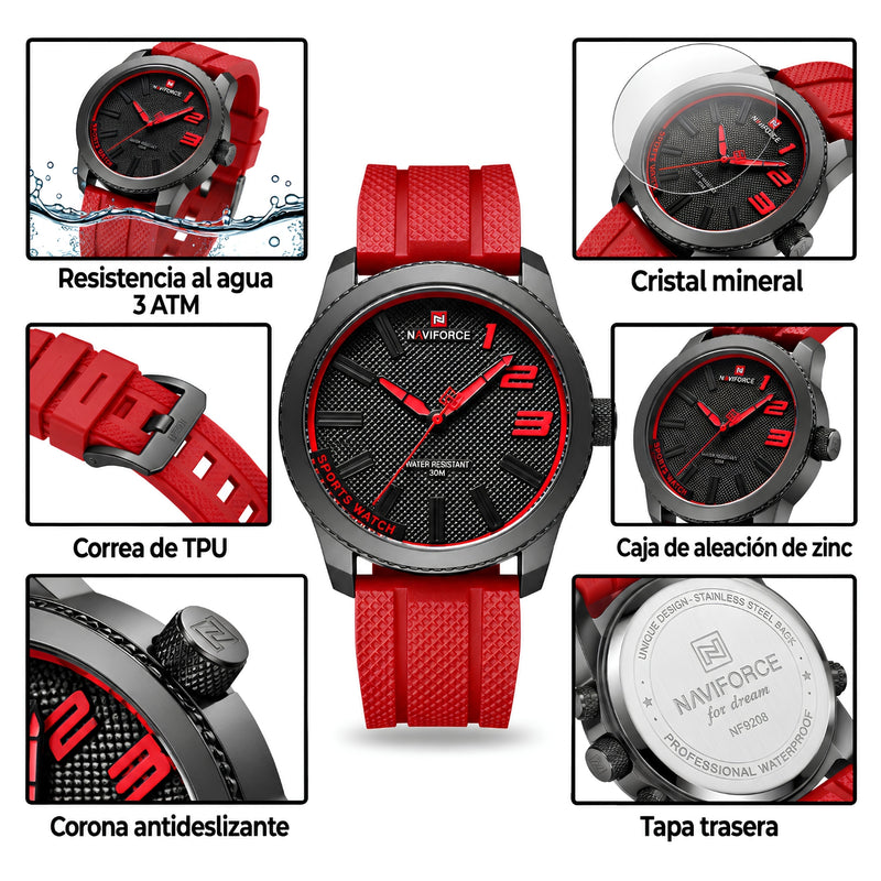 Naviforce Reloj Analógico Negro con Detalles y Correa Roja de TPU, Diámetro de 46 mm, Cristal Mineral Endurecido y Resistencia al Agua 3 ATM.