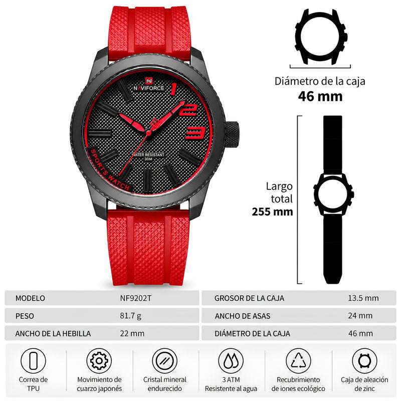 Naviforce Reloj Analógico Negro con Detalles y Correa Roja de TPU, Diámetro de 46 mm, Cristal Mineral Endurecido y Resistencia al Agua 3 ATM.
