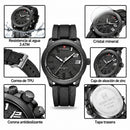 Naviforce Reloj Analógico Negro con Detalles Blancos y Correa Negra de TPU, Diámetro de 46 mm, Cristal Mineral Endurecido y Resistencia al Agua 3 ATM.