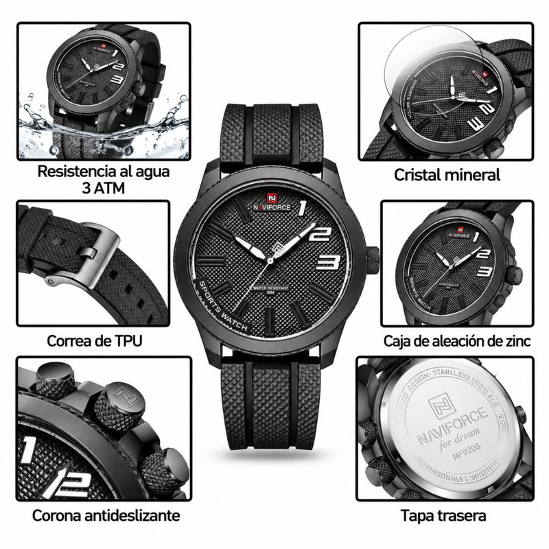 Naviforce Reloj Analógico Negro con Detalles Blancos y Correa Negra de TPU, Diámetro de 46 mm, Cristal Mineral Endurecido y Resistencia al Agua 3 ATM.