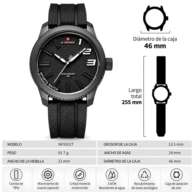 Naviforce Reloj Analógico Negro con Detalles Blancos y Correa Negra de TPU, Diámetro de 46 mm, Cristal Mineral Endurecido y Resistencia al Agua 3 ATM.