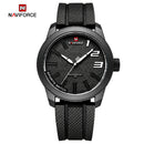 Naviforce Reloj Analógico Negro con Detalles Blancos y Correa Negra de TPU, Diámetro de 46 mm, Cristal Mineral Endurecido y Resistencia al Agua 3 ATM.