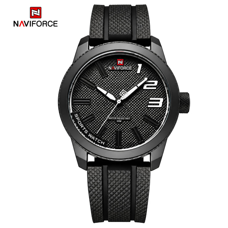 Naviforce Reloj Analógico Negro con Detalles Blancos y Correa Negra de TPU, Diámetro de 46 mm, Cristal Mineral Endurecido y Resistencia al Agua 3 ATM.