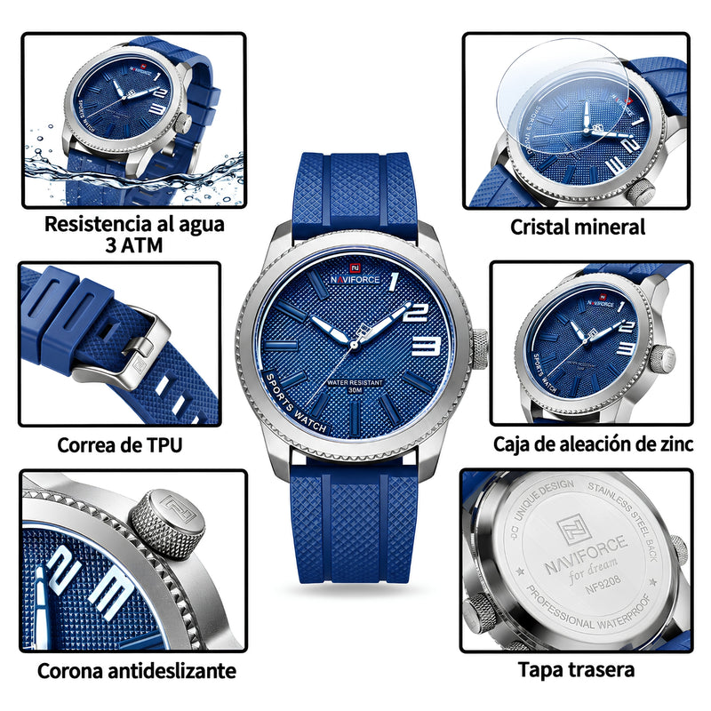 Naviforce Reloj Analógico Plateado con Esfera y Correa Azul de TPU, Diámetro de 46 mm, Cristal Mineral Endurecido y Resistencia al Agua 3 ATM.