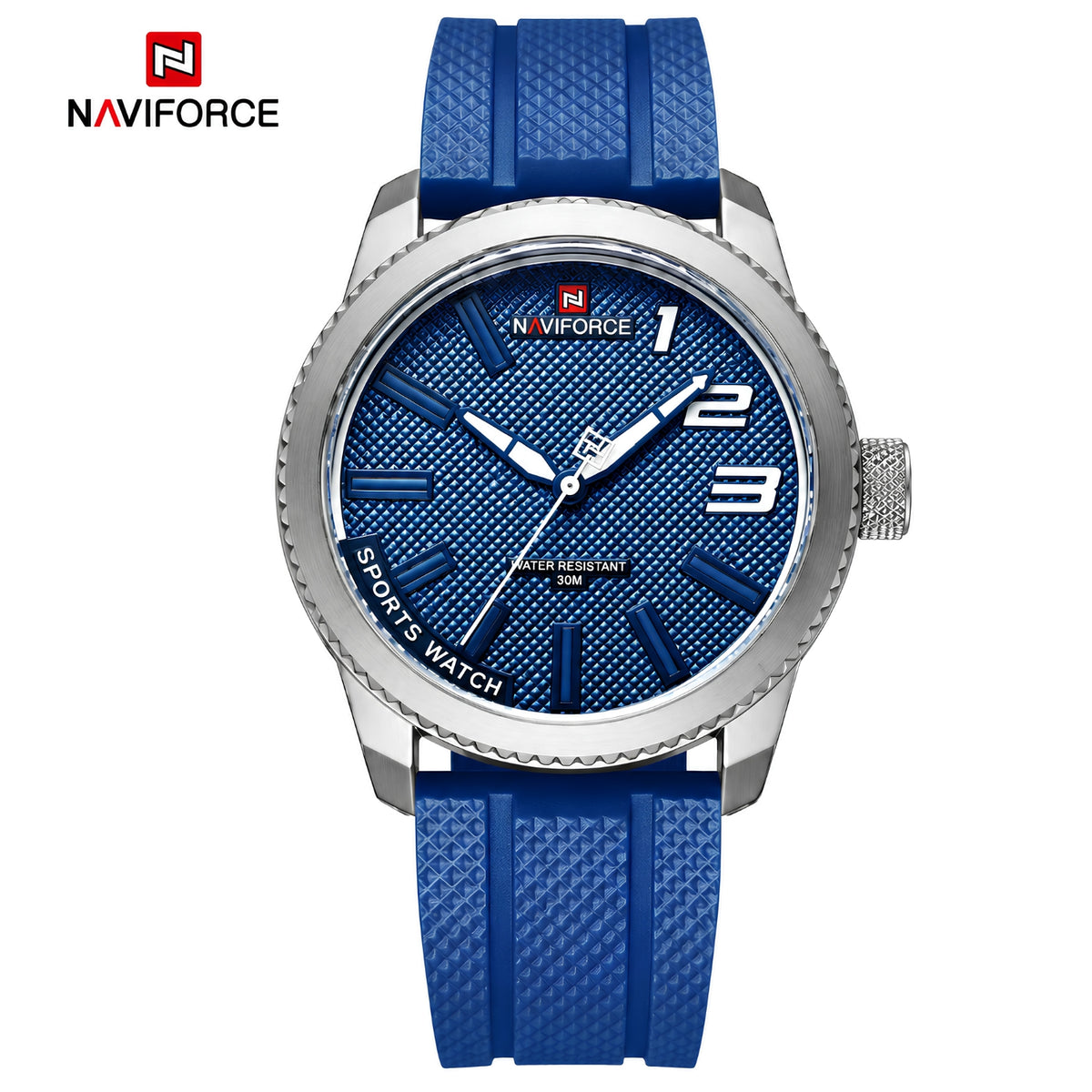Naviforce Reloj Analógico Plateado con Esfera y Correa Azul de TPU, Diámetro de 46 mm, Cristal Mineral Endurecido y Resistencia al Agua 3 ATM.