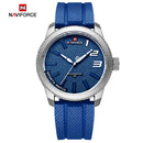 Naviforce Reloj Analógico Plateado con Esfera y Correa Azul de TPU, Diámetro de 46 mm, Cristal Mineral Endurecido y Resistencia al Agua 3 ATM.