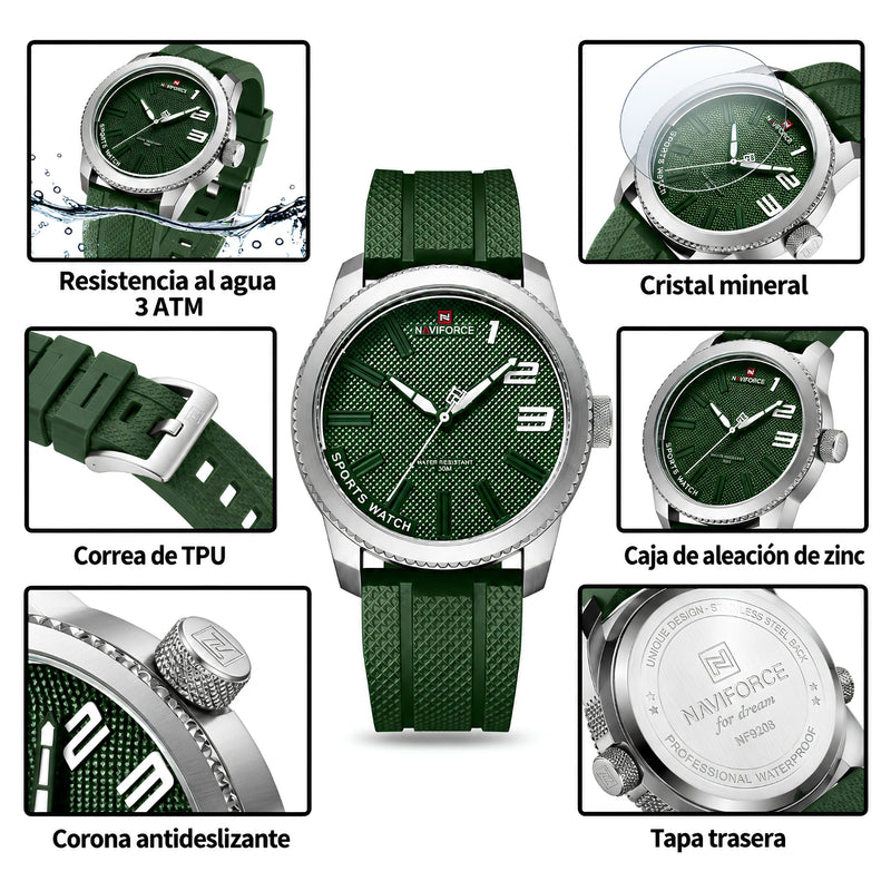Naviforce Reloj Analógico Plateado con Esfera y Correa Verde de TPU, Diámetro de 46 mm, Cristal Mineral Endurecido y Resistencia al Agua 3 ATM.