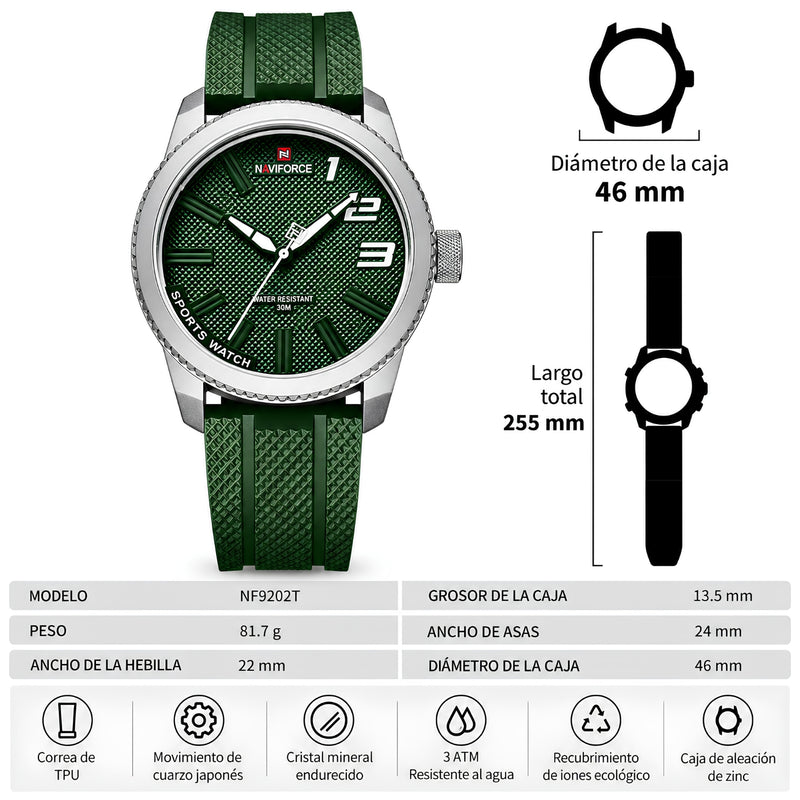 Naviforce Reloj Analógico Plateado con Esfera y Correa Verde de TPU, Diámetro de 46 mm, Cristal Mineral Endurecido y Resistencia al Agua 3 ATM.