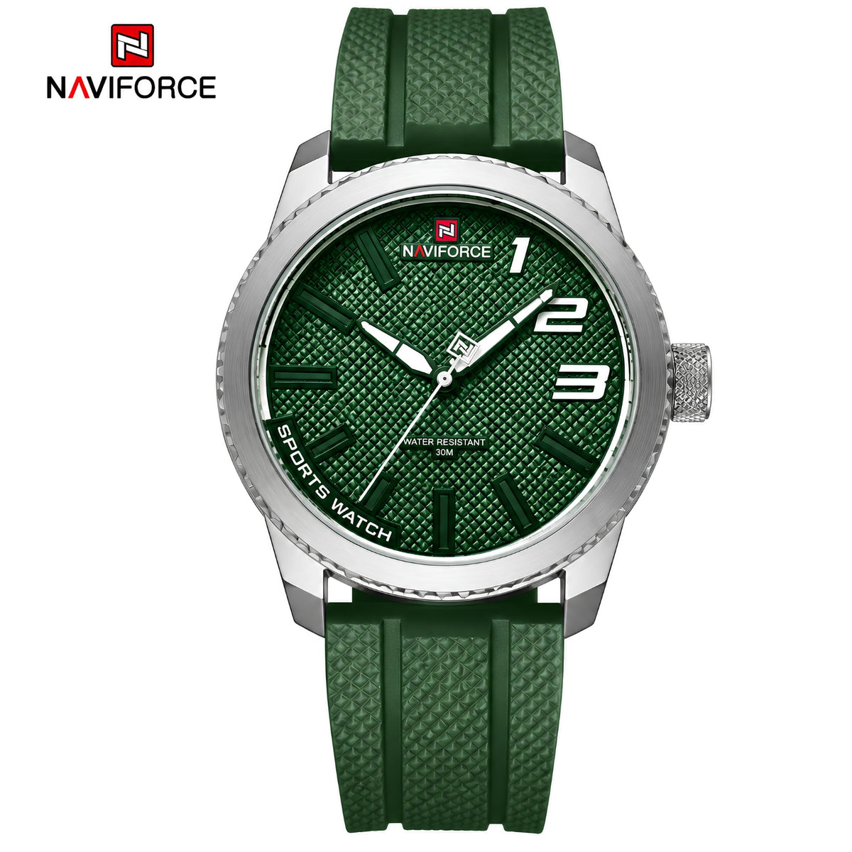 Naviforce Reloj Analógico Plateado con Esfera y Correa Verde de TPU, Diámetro de 46 mm, Cristal Mineral Endurecido y Resistencia al Agua 3 ATM.