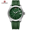 Naviforce Reloj Analógico Plateado con Esfera y Correa Verde de TPU, Diámetro de 46 mm, Cristal Mineral Endurecido y Resistencia al Agua 3 ATM.