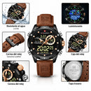 Naviforce Reloj Analógico y Digital Negro con Correa Marrón Oscuro de Cuero Genuino, Diámetro de 45 mm, Cristal Mineral Endurecido y Resistencia al Agua 3 ATM.