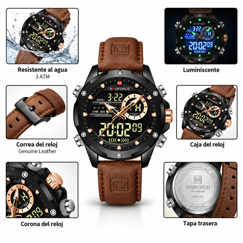 Naviforce Reloj Analógico y Digital Negro con Correa Marrón Oscuro de Cuero Genuino, Diámetro de 45 mm, Cristal Mineral Endurecido y Resistencia al Agua 3 ATM.