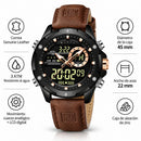 Naviforce Reloj Analógico y Digital Negro con Correa Marrón Oscuro de Cuero Genuino, Diámetro de 45 mm, Cristal Mineral Endurecido y Resistencia al Agua 3 ATM.