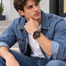 Naviforce Reloj Analógico y Digital Negro con Correa Marrón Oscuro de Cuero Genuino, Diámetro de 45 mm, Cristal Mineral Endurecido y Resistencia al Agua 3 ATM.