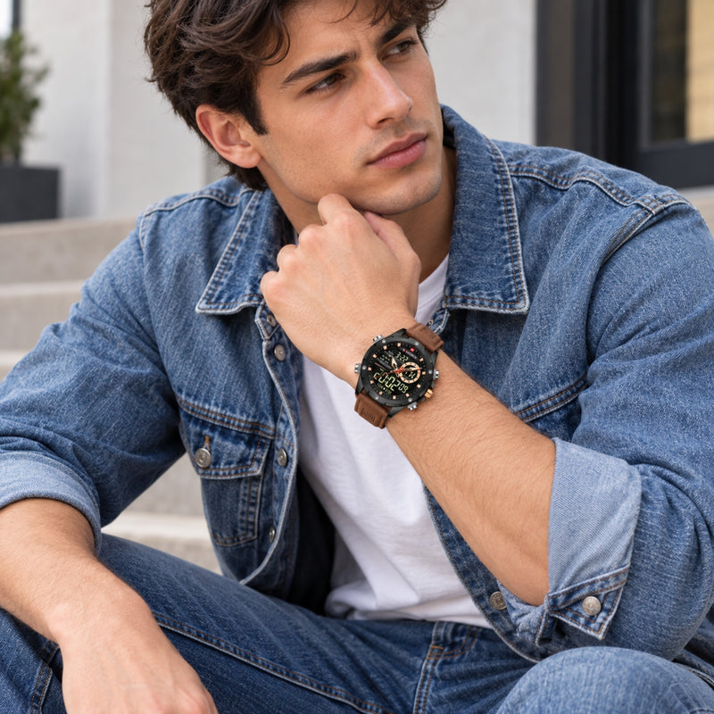 Naviforce Reloj Analógico y Digital Negro con Correa Marrón Oscuro de Cuero Genuino, Diámetro de 45 mm, Cristal Mineral Endurecido y Resistencia al Agua 3 ATM.