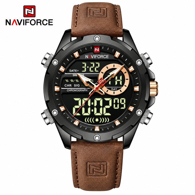 Naviforce Reloj Analógico y Digital Negro con Correa Marrón Oscuro de Cuero Genuino, Diámetro de 45 mm, Cristal Mineral Endurecido y Resistencia al Agua 3 ATM.