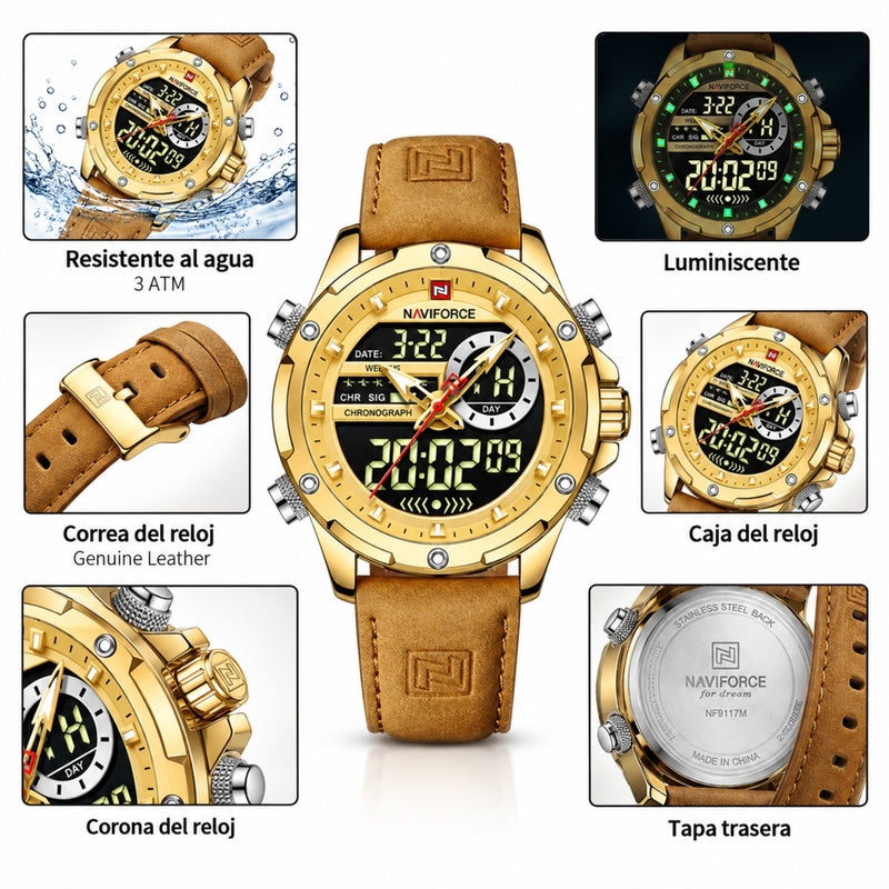 Naviforce Reloj Analógico y Digital Dorado con Correa Marrón Claro de Cuero Genuino, Diámetro de 45 mm, Cristal Mineral Endurecido y Resistencia al Agua 3 ATM.