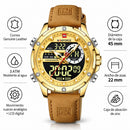 Naviforce Reloj Analógico y Digital Dorado con Correa Marrón Claro de Cuero Genuino, Diámetro de 45 mm, Cristal Mineral Endurecido y Resistencia al Agua 3 ATM.