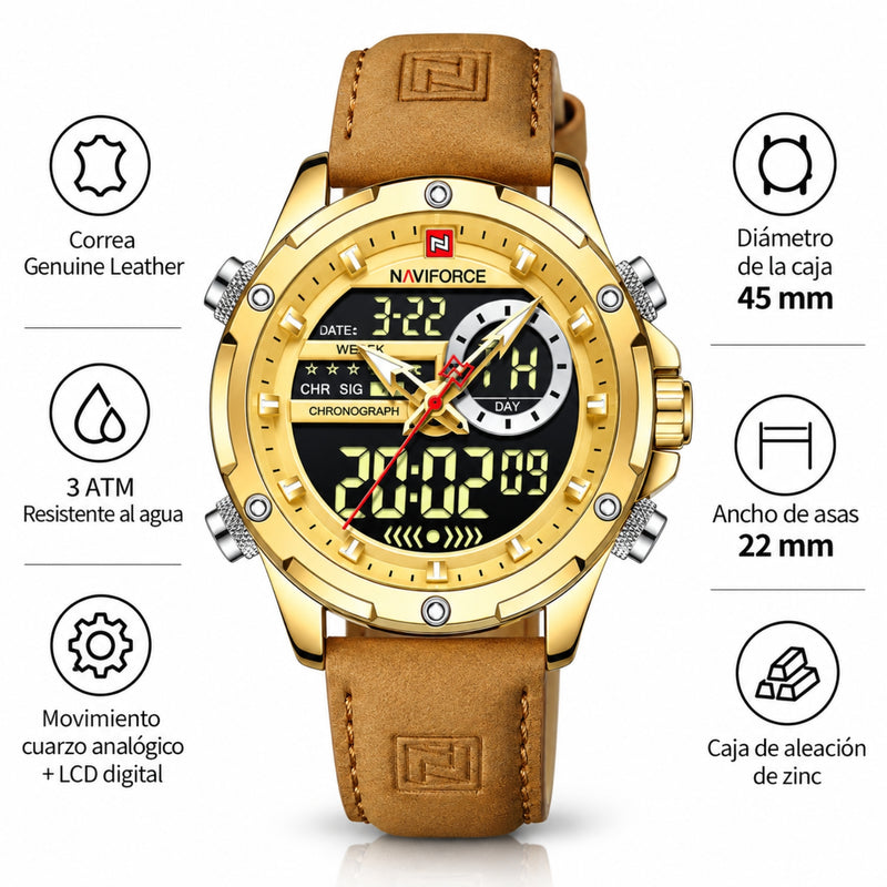 Naviforce Reloj Analógico y Digital Dorado con Correa Marrón Claro de Cuero Genuino, Diámetro de 45 mm, Cristal Mineral Endurecido y Resistencia al Agua 3 ATM.